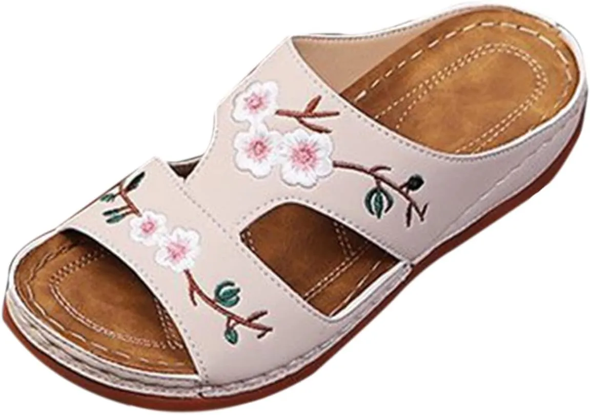Womens Wedge Sandals Summer Dressy Open Toe Embroidered Wedges, Comfortable Walking Low Sandals Casual Slip on Orthopedic Sandal Slippers All Day Comfort