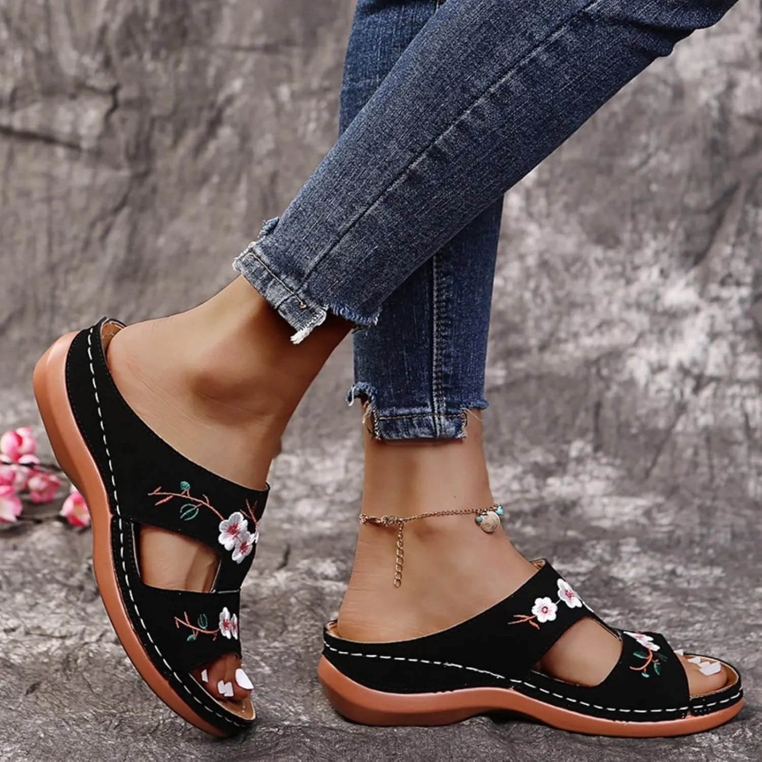 Womens Wedge Sandals Summer Dressy Open Toe Embroidered Wedges, Comfortable Walking Low Sandals Casual Slip on Orthopedic Sandal Slippers All Day Comfort