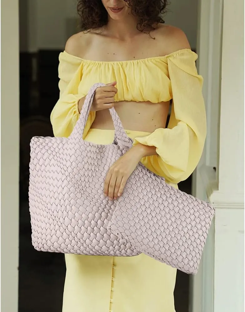 Woven Bag for Women Large Tote Bag with Clutch PU Leather Handwoven Beach Bag Satchel Handmade Casual Purses