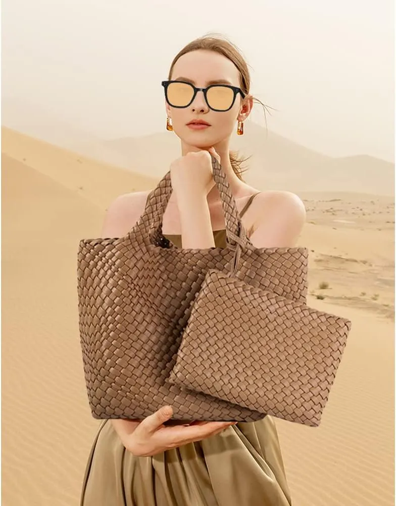 Woven Bag for Women Large Tote Bag with Clutch PU Leather Handwoven Beach Bag Satchel Handmade Casual Purses