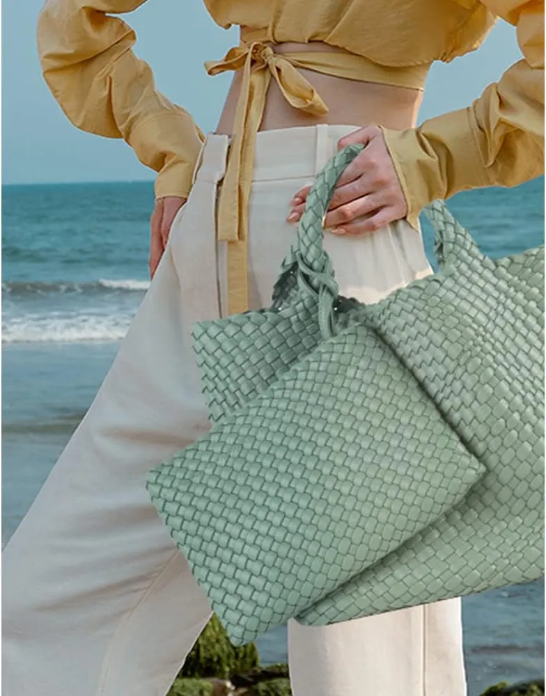 Woven Bag for Women Large Tote Bag with Clutch PU Leather Handwoven Beach Bag Satchel Handmade Casual Purses