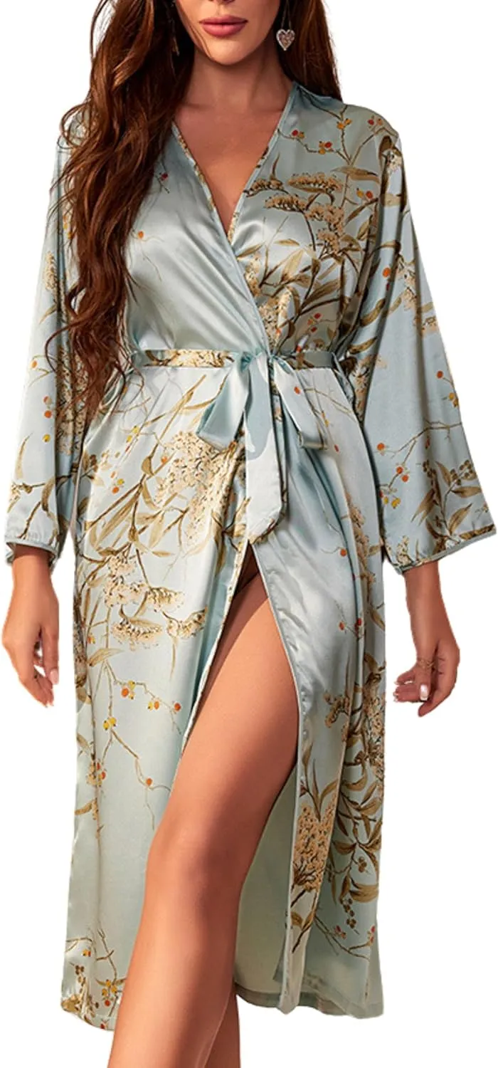Xunger Womens Floral Print Robes Long Sleeve Satin Kimono Lightweight Belted Bathrobe Plus Size Sleepwear Loungewear
