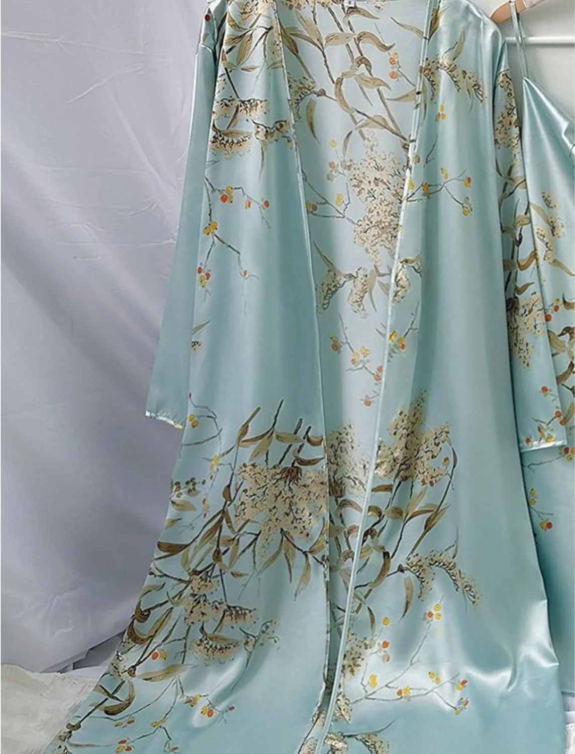 Xunger Womens Floral Print Robes Long Sleeve Satin Kimono Lightweight Belted Bathrobe Plus Size Sleepwear Loungewear