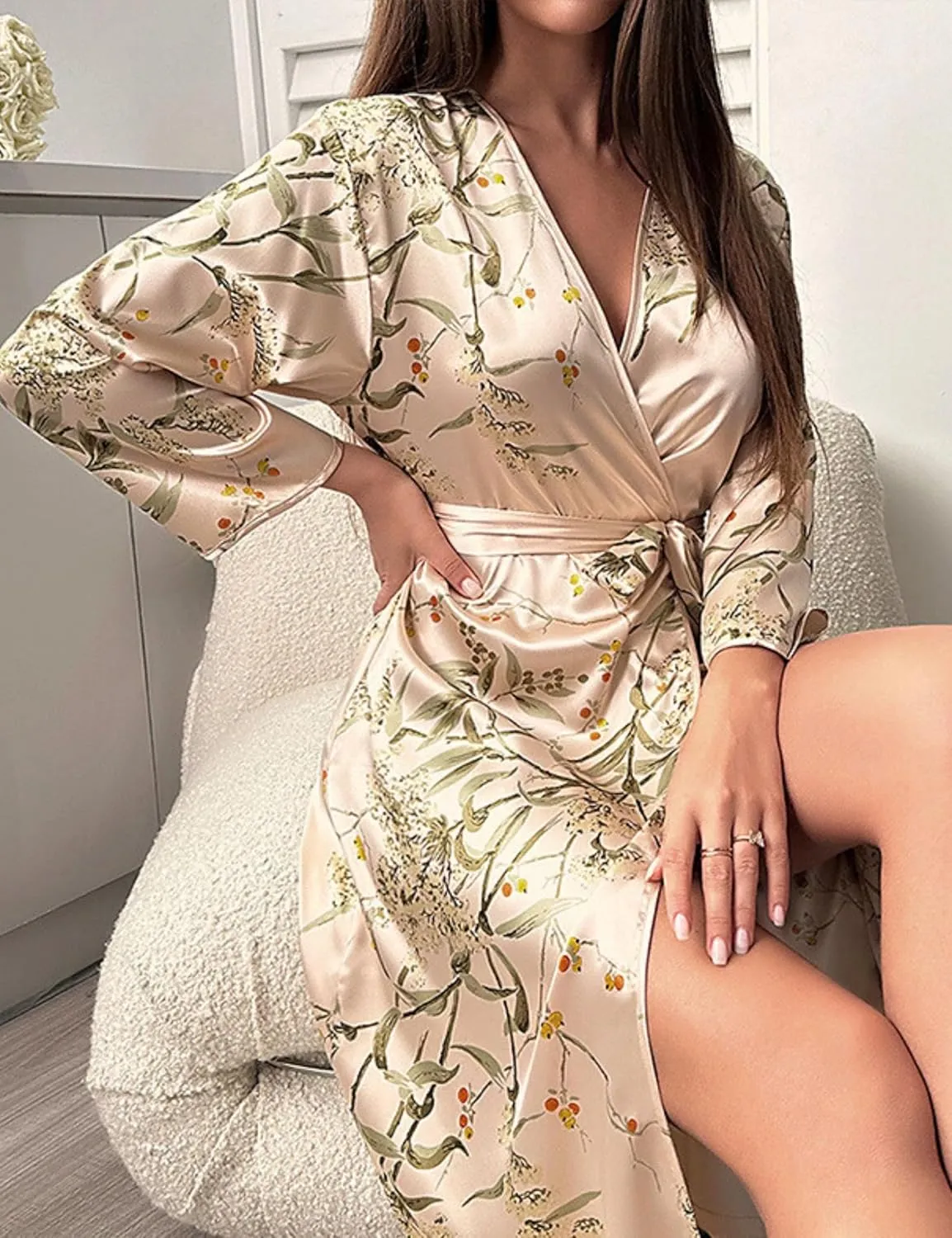 Xunger Womens Floral Print Robes Long Sleeve Satin Kimono Lightweight Belted Bathrobe Plus Size Sleepwear Loungewear