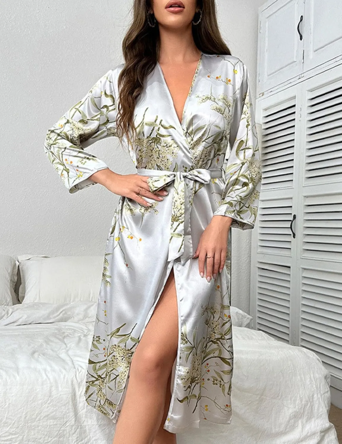 Xunger Womens Floral Print Robes Long Sleeve Satin Kimono Lightweight Belted Bathrobe Plus Size Sleepwear Loungewear