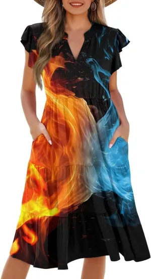 Youngerbaby Women Tank Dresses Midi Dress Loose Flutter Sleeve Summer Beach Dresses
