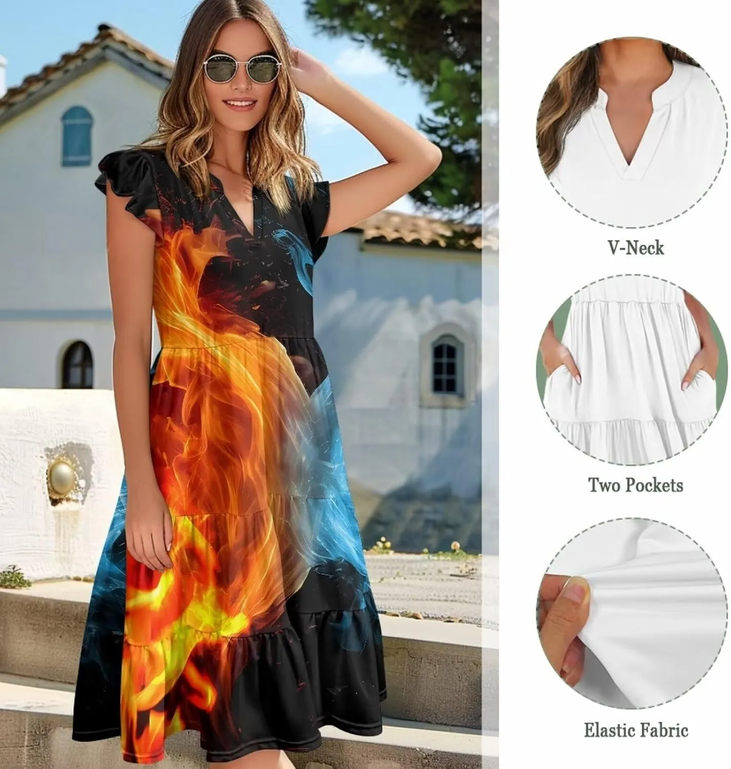 Youngerbaby Women Tank Dresses Midi Dress Loose Flutter Sleeve Summer Beach Dresses