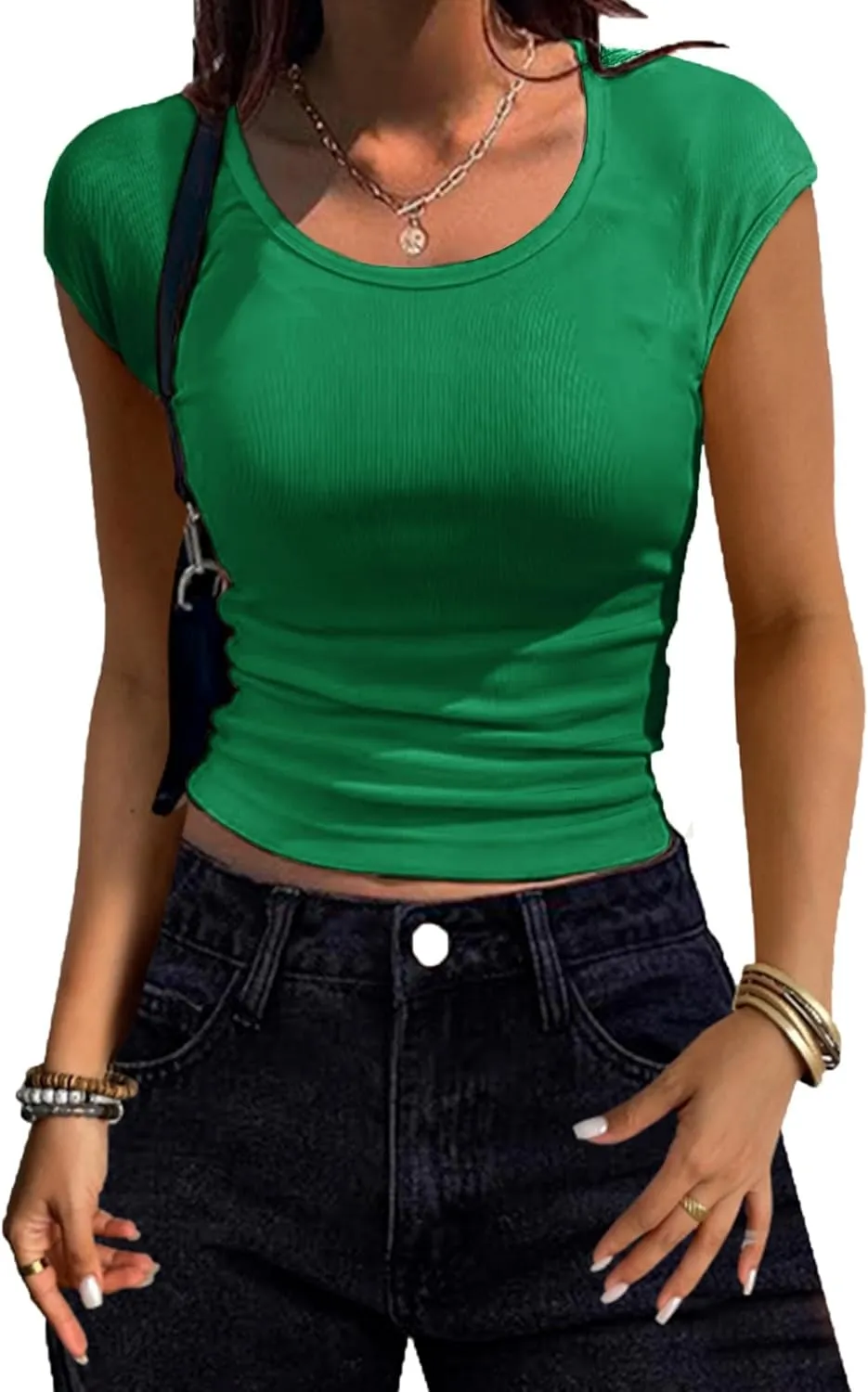 Zeagoo Womens Tank Tops Ribbed Knit Crew Neck Shirts Cap Sleeve Slim Fitted Ruched Basic Tees