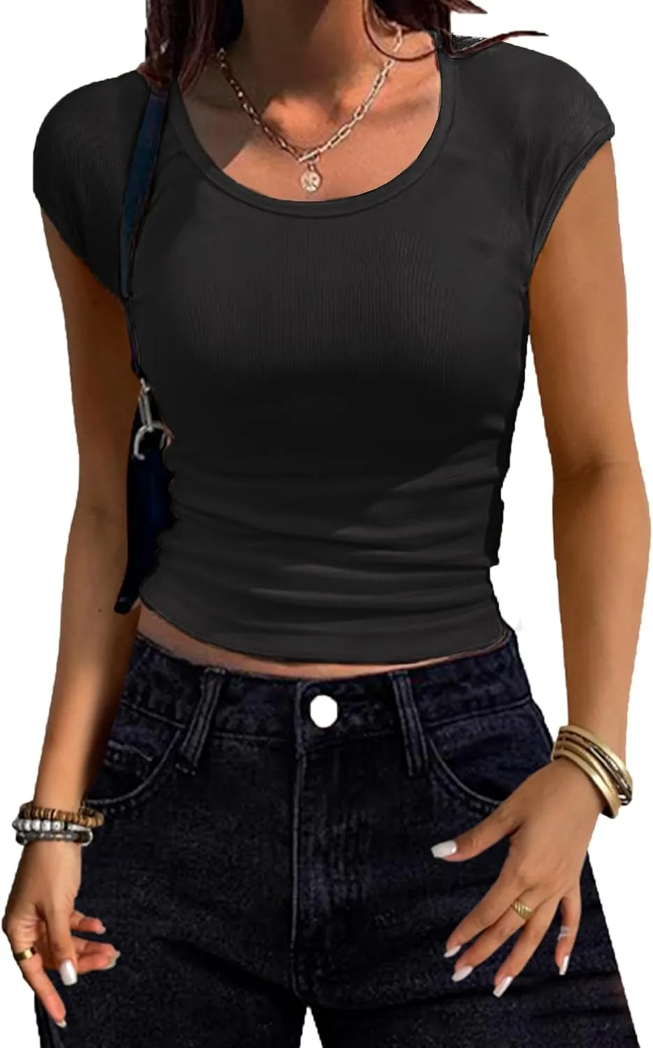 Zeagoo Womens Tank Tops Ribbed Knit Crew Neck Shirts Cap Sleeve Slim Fitted Ruched Basic Tees