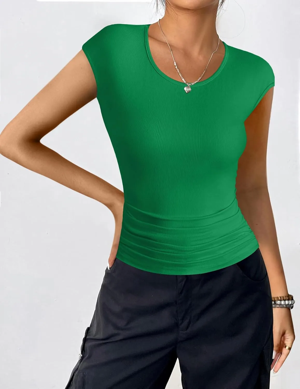 Zeagoo Womens Tank Tops Ribbed Knit Crew Neck Shirts Cap Sleeve Slim Fitted Ruched Basic Tees
