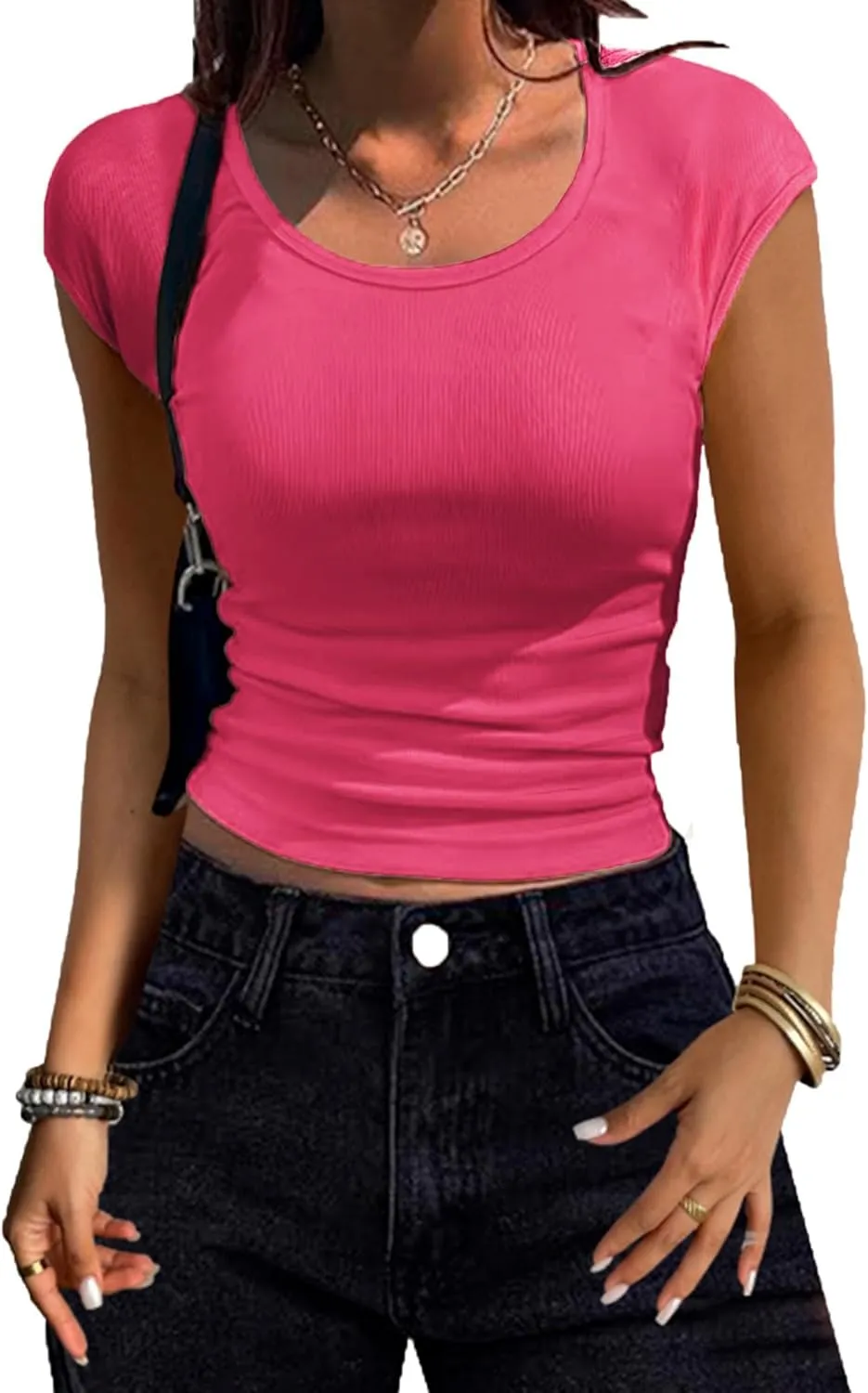 Zeagoo Womens Tank Tops Ribbed Knit Crew Neck Shirts Cap Sleeve Slim Fitted Ruched Basic Tees