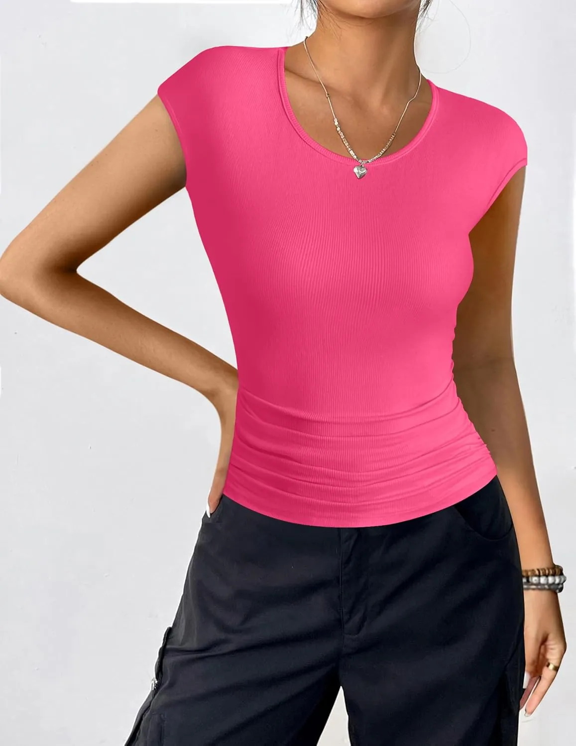 Zeagoo Womens Tank Tops Ribbed Knit Crew Neck Shirts Cap Sleeve Slim Fitted Ruched Basic Tees