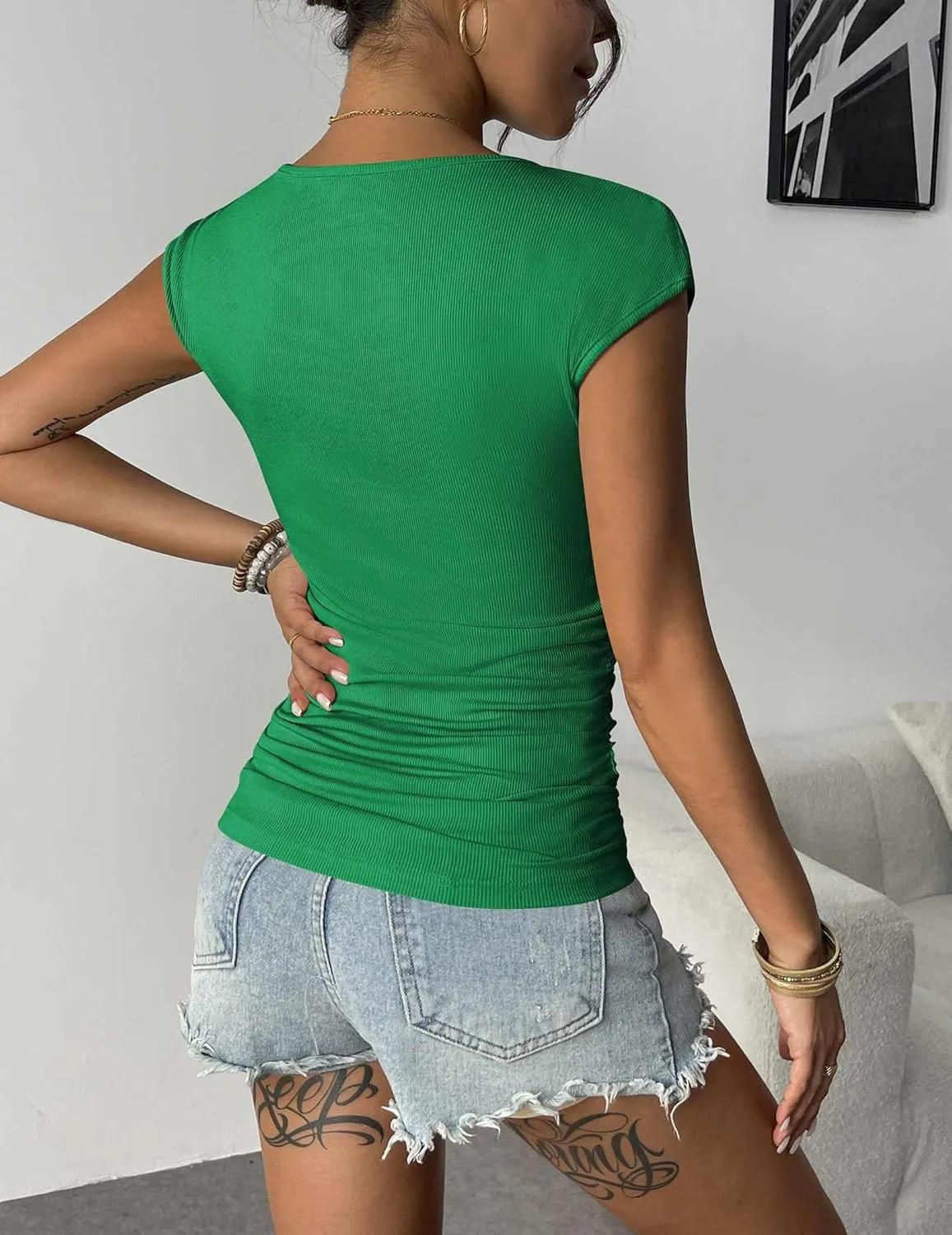 Zeagoo Womens Tank Tops Ribbed Knit Crew Neck Shirts Cap Sleeve Slim Fitted Ruched Basic Tees