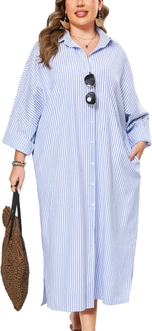 ZOMVA 2025 Plus Size 0X-4X Casual Button Down Maxi Shirts Dress with Pockets Oversized Striped Long Sleeve Clothing Outfits