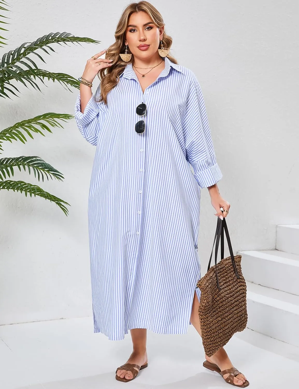 ZOMVA 2025 Plus Size 0X-4X Casual Button Down Maxi Shirts Dress with Pockets Oversized Striped Long Sleeve Clothing Outfits