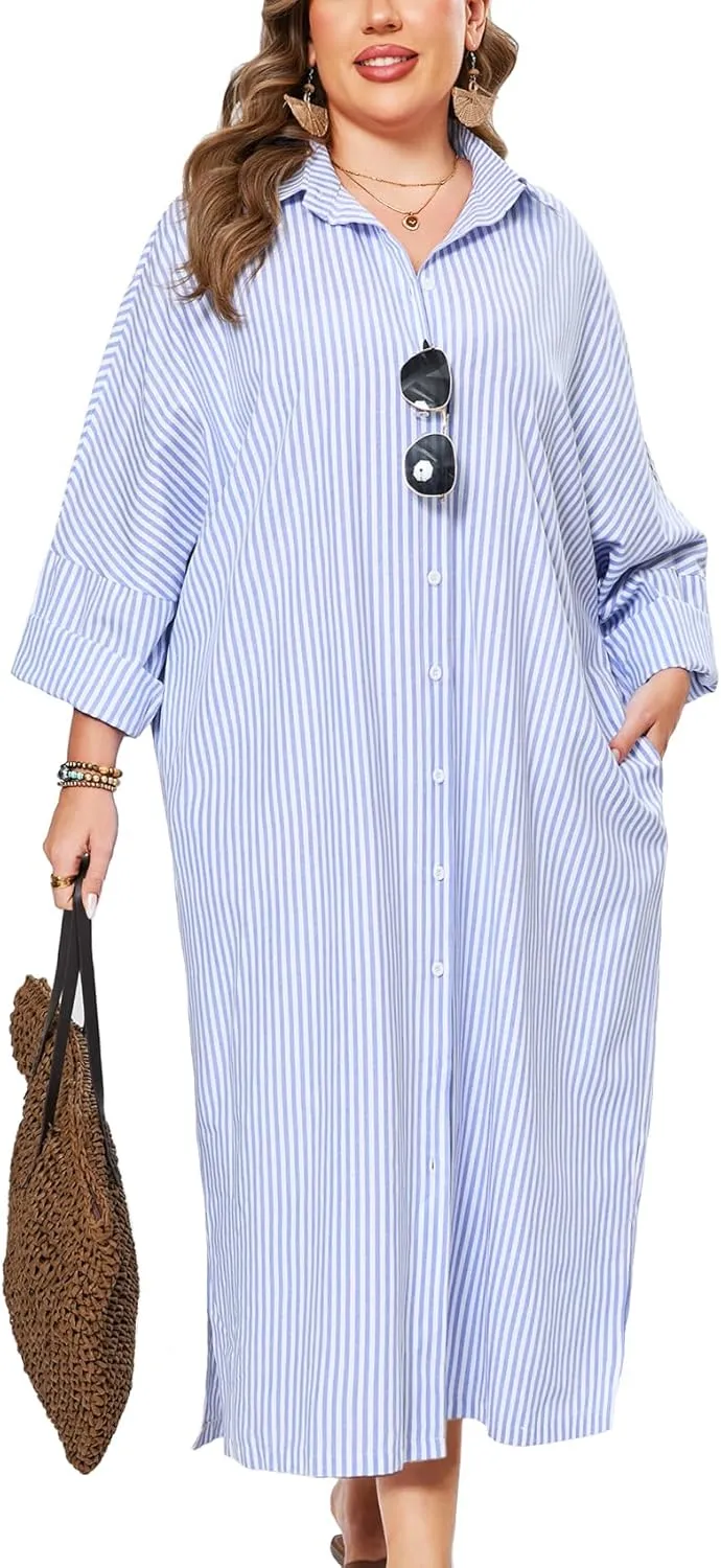ZOMVA 2025 Plus Size 0X-4X Casual Button Down Maxi Shirts Dress with Pockets Oversized Striped Long Sleeve Clothing Outfits
