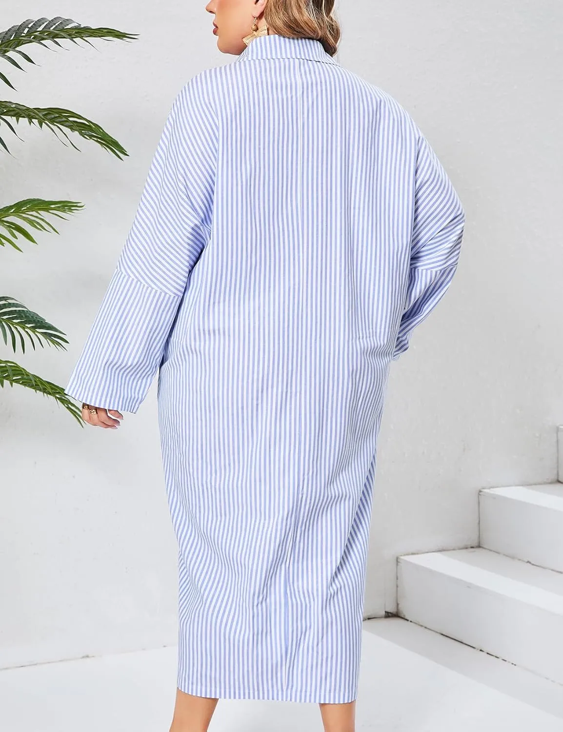 ZOMVA 2025 Plus Size 0X-4X Casual Button Down Maxi Shirts Dress with Pockets Oversized Striped Long Sleeve Clothing Outfits