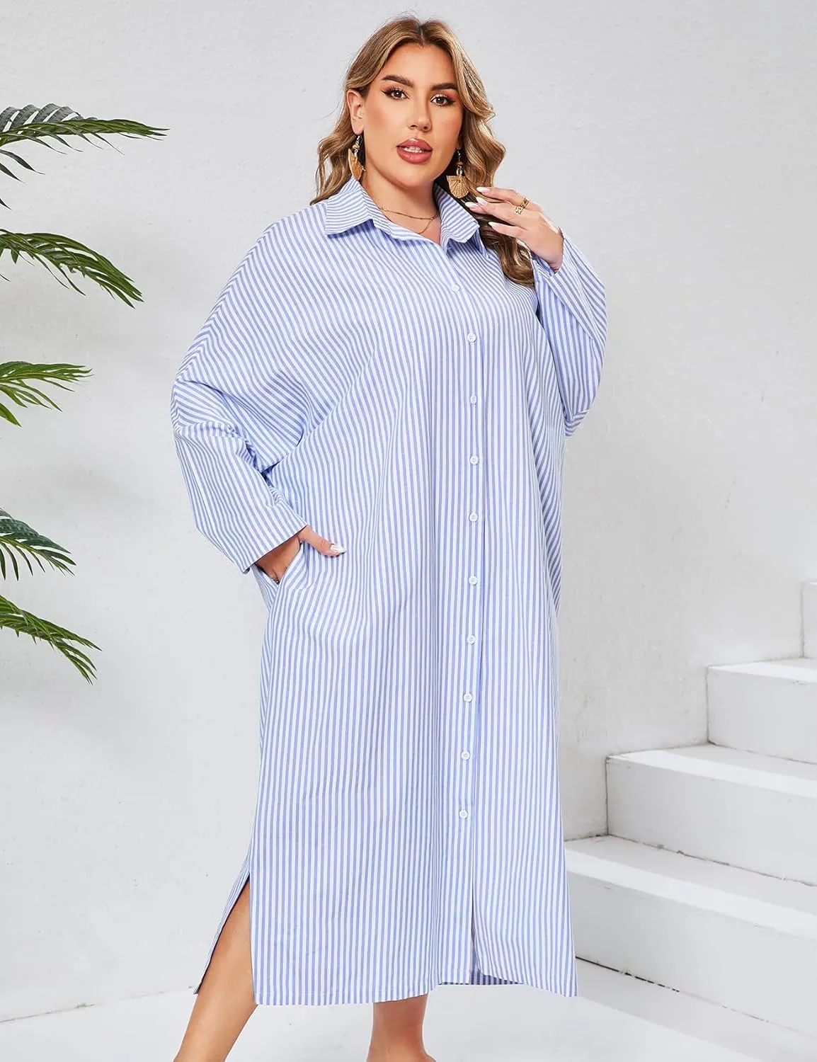 ZOMVA 2025 Plus Size 0X-4X Casual Button Down Maxi Shirts Dress with Pockets Oversized Striped Long Sleeve Clothing Outfits