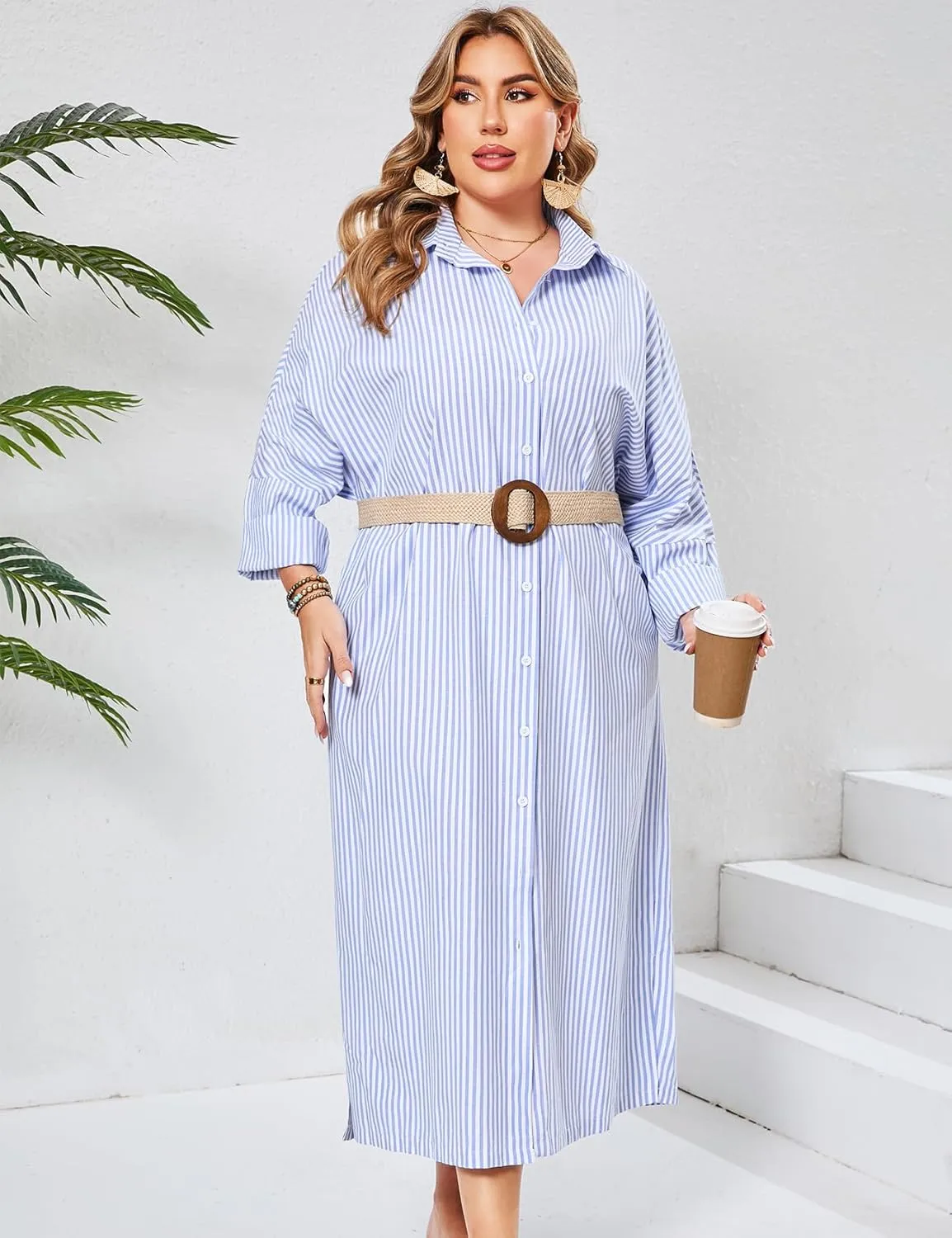 ZOMVA 2025 Plus Size 0X-4X Casual Button Down Maxi Shirts Dress with Pockets Oversized Striped Long Sleeve Clothing Outfits