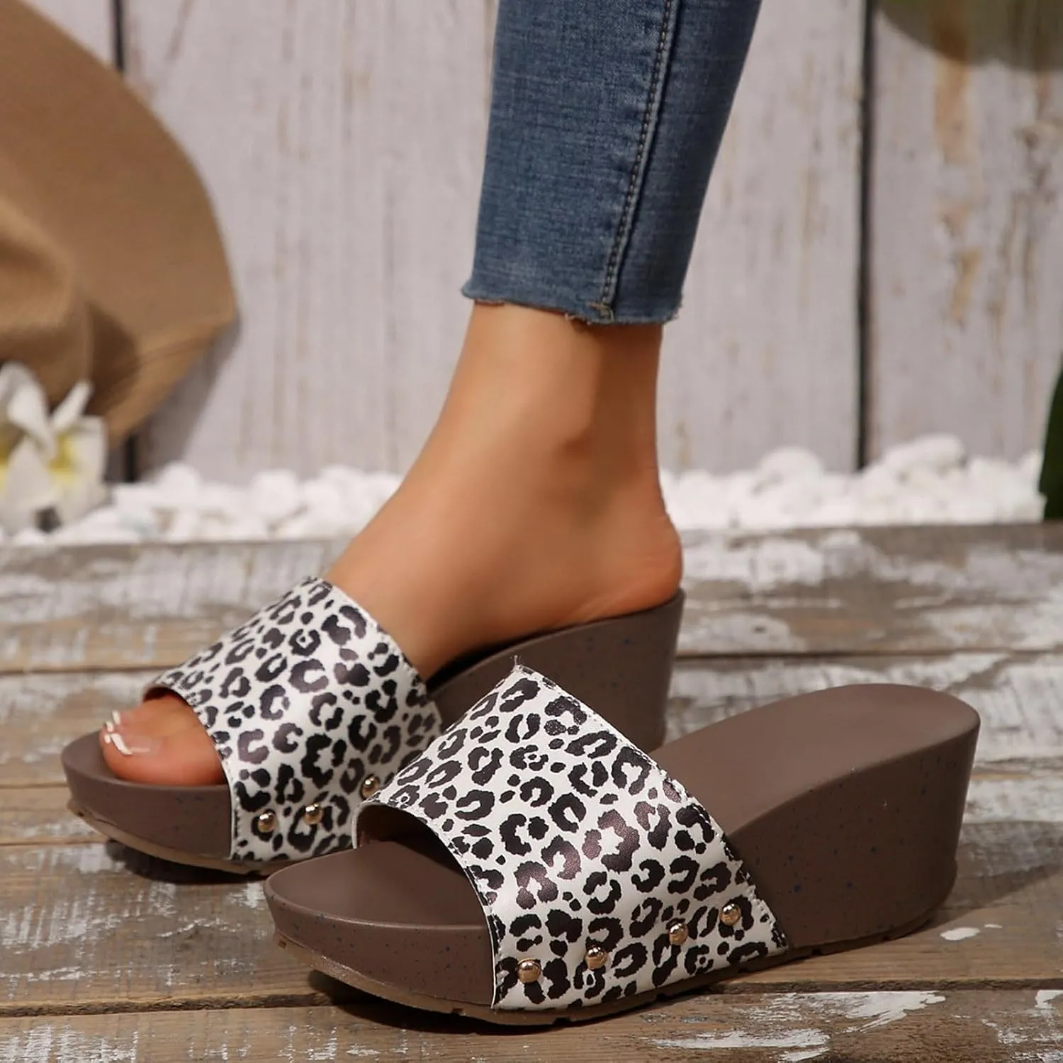 ZSpzx Summer Sandals for Women 2025,Orthopedic Wedge Dressy Comfortable Platform Leopard Open Toe Non Slip-on Slides Beach Orthotic Cushion Casual Womens Slide Plantar Fasciitis Walking Shoes
