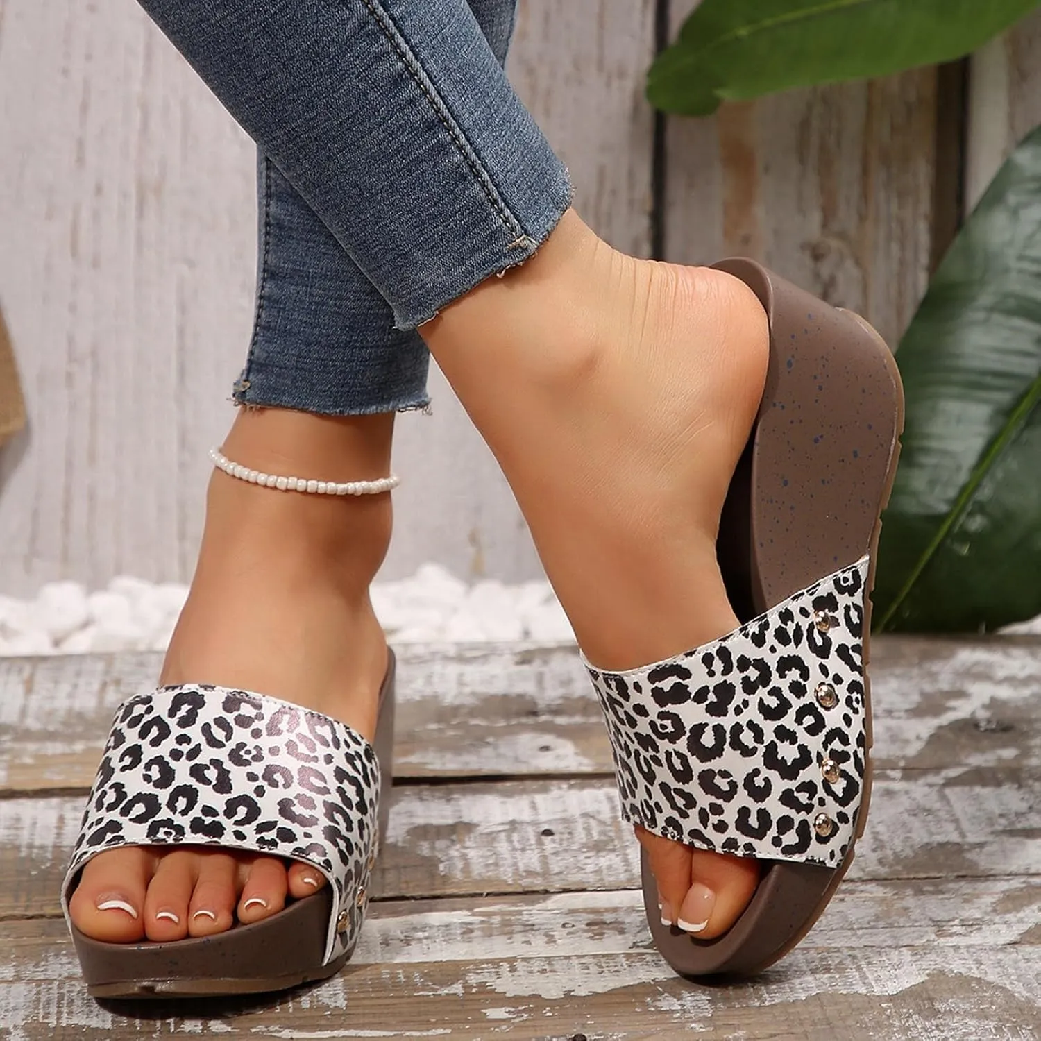 ZSpzx Summer Sandals for Women 2025,Orthopedic Wedge Dressy Comfortable Platform Leopard Open Toe Non Slip-on Slides Beach Orthotic Cushion Casual Womens Slide Plantar Fasciitis Walking Shoes