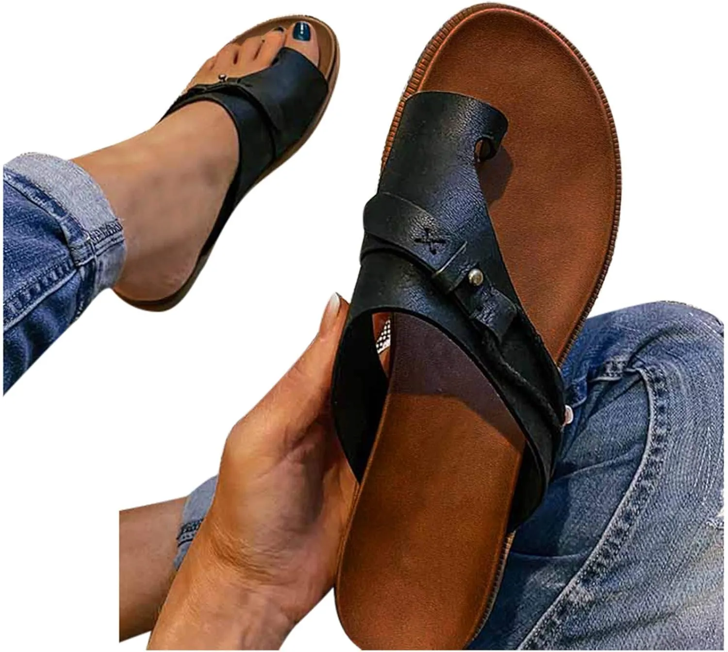 ZSpzx Summer Sandals for Women 2025,Orthopedic Wedge Dressy Flat Ring Toe Casual Boho Non Slip-on Beach Shoes Comfortable Outdoor Foot Arch Supports Flip Flops Slide Plantar Fasciitis Bunion Slides