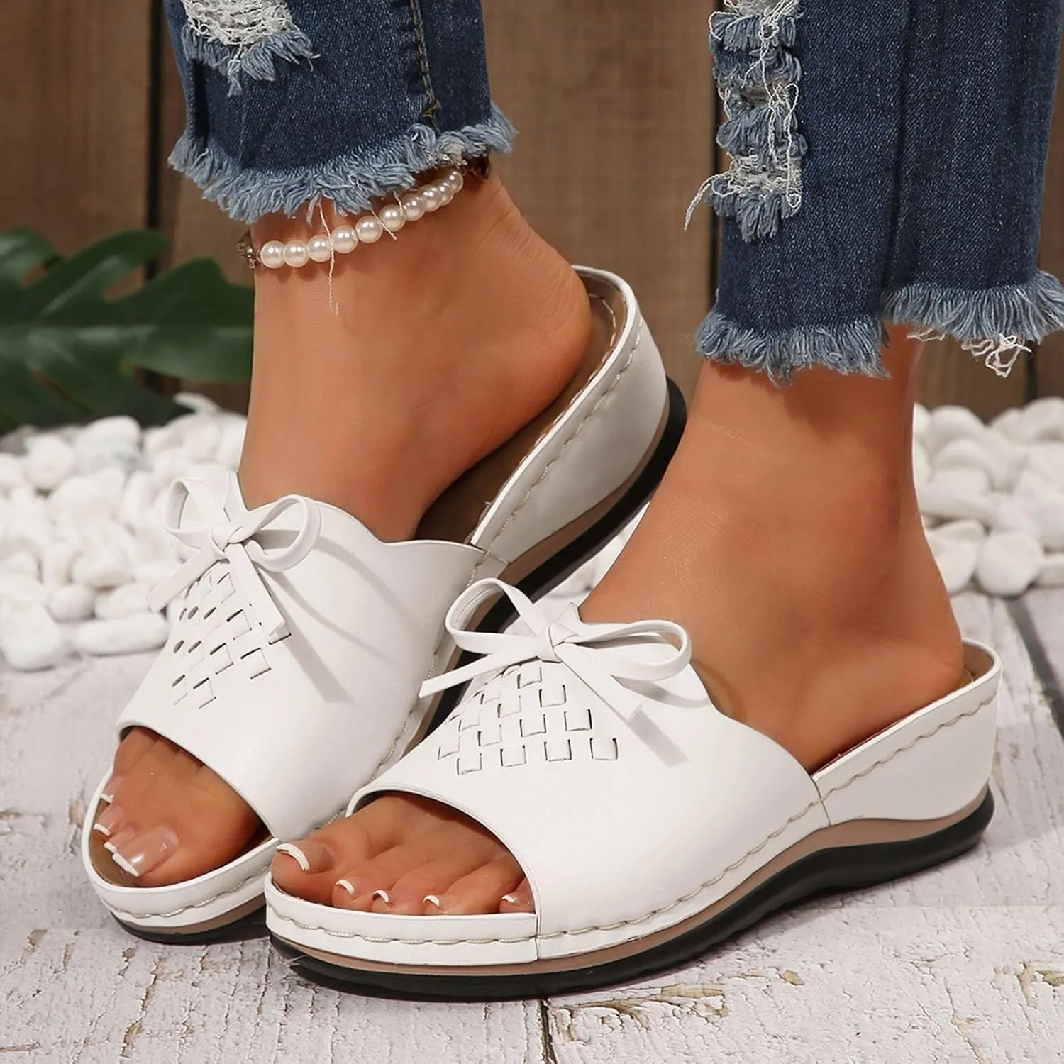 ZSpzx Summer Sandals For Women 2025,Women's Slide Sandals,Womens Comfortable Wedge Slip On Arch Support Slides Orthotic Walking Orthopedic Knot Casual Straps Slip-On Plantar Fasciitis Bunion Sandal