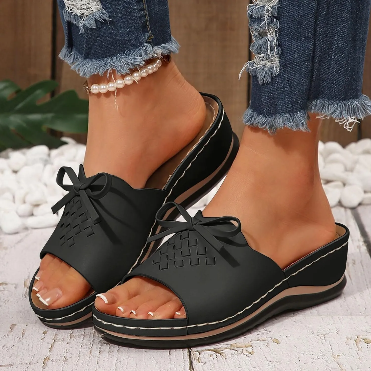 ZSpzx Summer Sandals For Women 2025,Women's Slide Sandals,Womens Comfortable Wedge Slip On Arch Support Slides Orthotic Walking Orthopedic Knot Casual Straps Slip-On Plantar Fasciitis Bunion Sandal