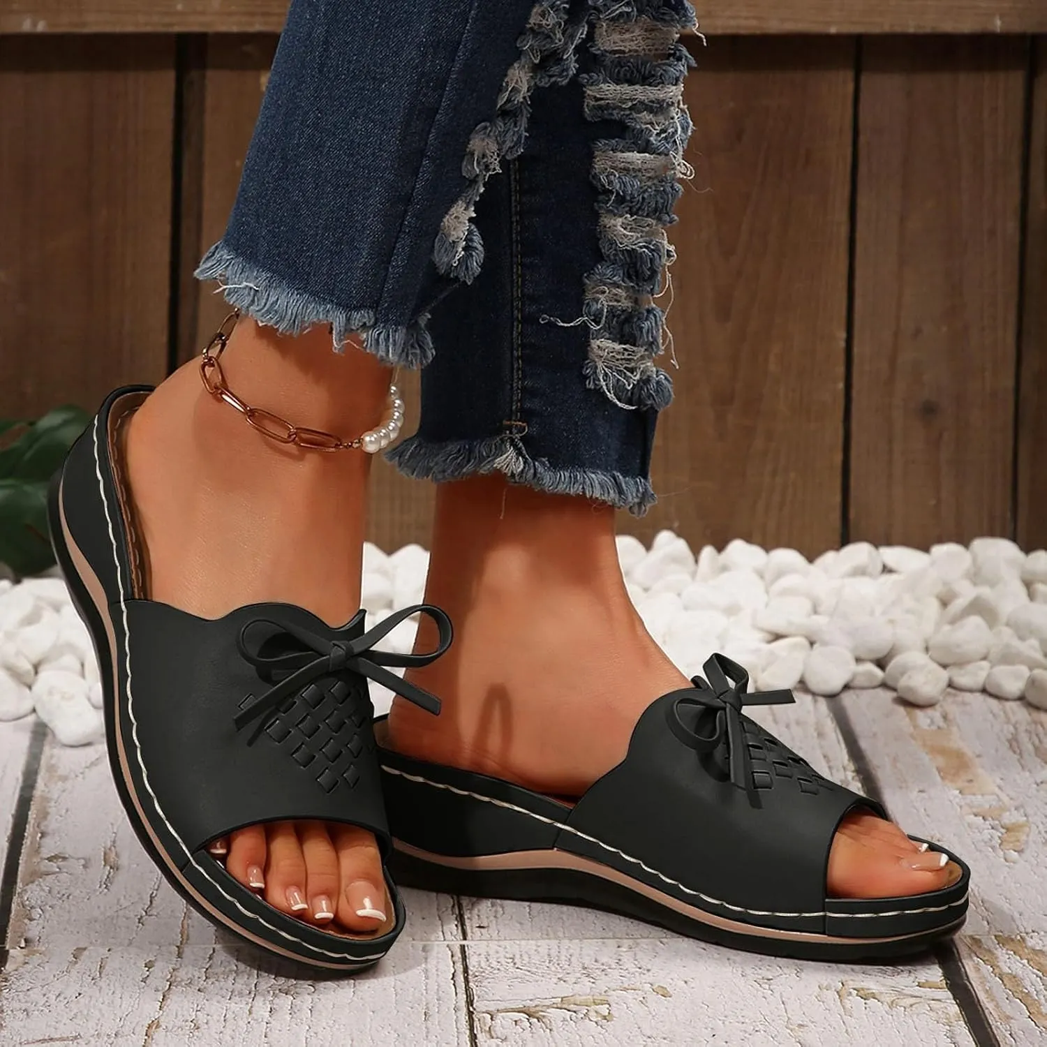 ZSpzx Summer Sandals For Women 2025,Women's Slide Sandals,Womens Comfortable Wedge Slip On Arch Support Slides Orthotic Walking Orthopedic Knot Casual Straps Slip-On Plantar Fasciitis Bunion Sandal