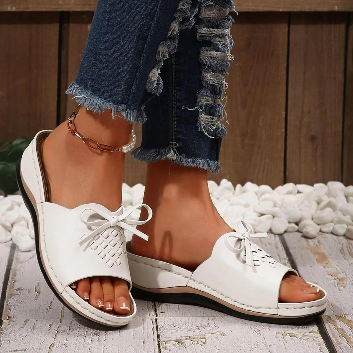 ZSpzx Summer Sandals For Women 2025,Women's Slide Sandals,Womens Comfortable Wedge Slip On Arch Support Slides Orthotic Walking Orthopedic Knot Casual Straps Slip-On Plantar Fasciitis Bunion Sandal